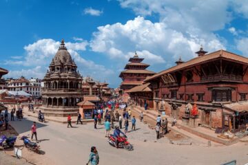 Intricate wood carvings and traditional Newari architecture at Patan Durbar Square, Lalitpur, Nepal